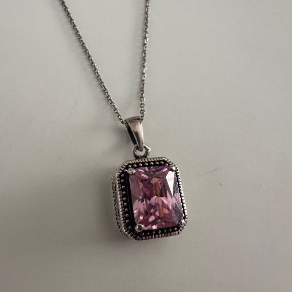 Pink Stone .925 Stamped Sterling Silver Charm and Chain - Picture 1 of 5